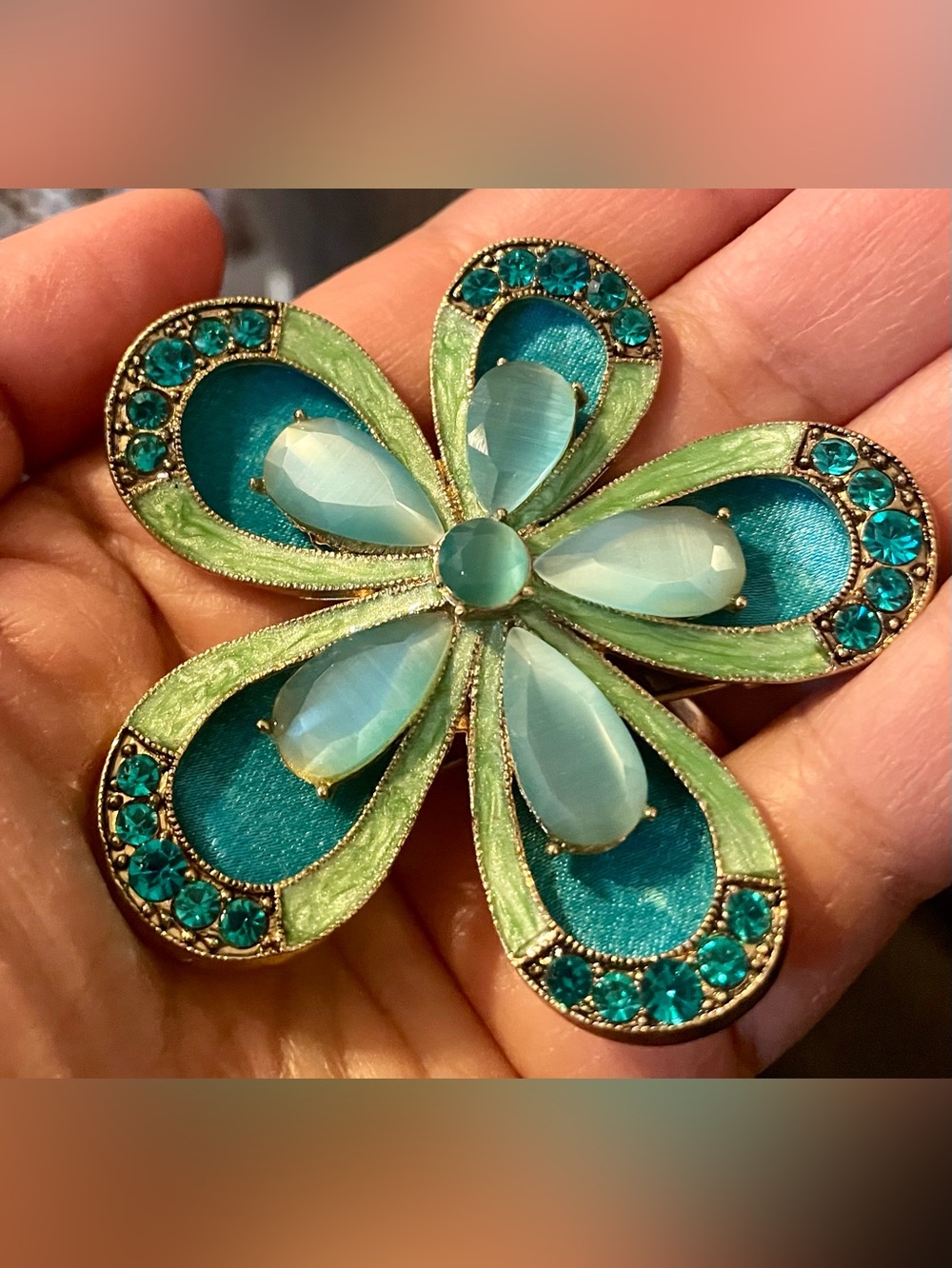 Mid Century Monet Teal & Mint Floral Glass Stone Brooch